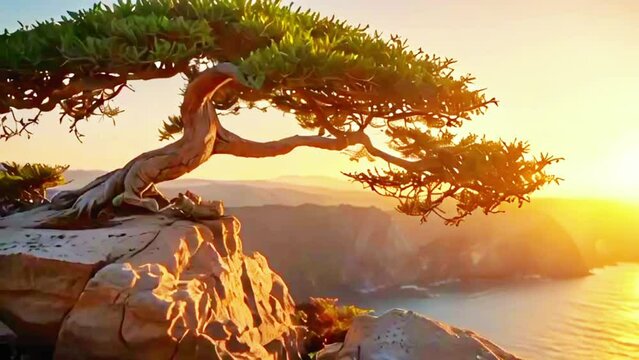 pohon bonsai tepi tebing yang indah di pagi hari. Latar belakang animasi video virtual selang waktu 4k yang mulus