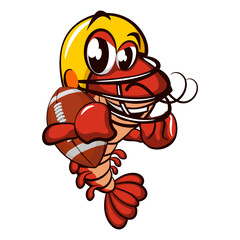 cute shrimp vector character mascot illustration playing american football wearing a helmet and carrying an oval ball, work of hand drawn