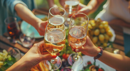 Close-up of hands holding glasses of wine or champagne, friends drinking at a party suggesting a toast