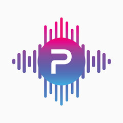 letter P Logo with Pulse music player element. Logo template electronic music, equalizer, dj, nightclub, disco. Audio wave logo concept, Multimedia
