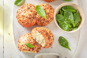 Homemade spinach buns baked at country home.