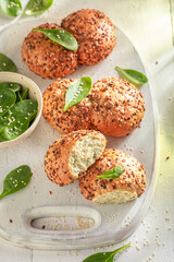 Fresh spinach buns baked at country home.