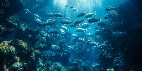 Obraz premium Vibrant Underwater World: School of Fish in Unison, generative ai