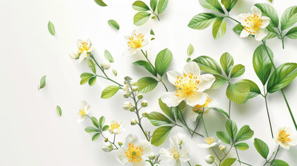 Delicate white flowers and green leaves are elegantly arranged on a light background