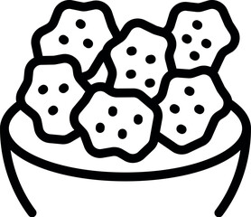 Minimalistic black and white vector illustration of a starshaped bowl of cookies icon. Perfect for bakery and dessert themed graphic design. Web and app art. Symbolizing comfort. Indulgence