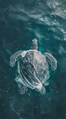 Obraz premium A sea turtle swims with a piece of plastic over its shell, highlighting the pollution in our oceans