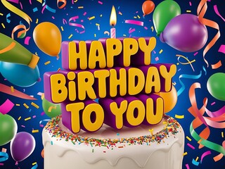  a festive birthday cake with the message “Happy Birthday to You” surrounded by colorful confetti and streamers.