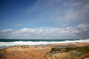 Rainbow on the shores of the Mediterranean Sea in northern Israel.