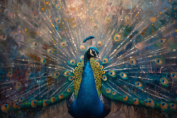 A painting of a peacock with its head held high and its tail spread out