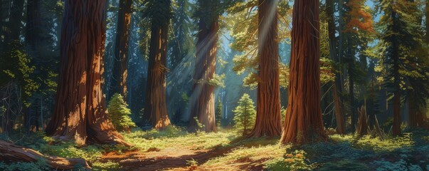 Sunlit forest with tall trees and lush greenery