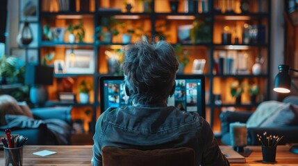Fototapeta premium Person Working at Night in Cozy Home Office with Shelves of Books and Plants