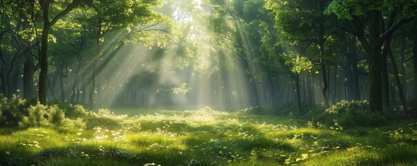 Obraz premium A Serene Sunlit Forest Clearing with Abundant Lush Greenery and Trees