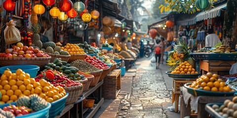 Colorful Market Atmosphere in Thailand, generative ai