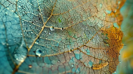 HD capture of raindrop magnified on intricate leaf skeleton, close-up.