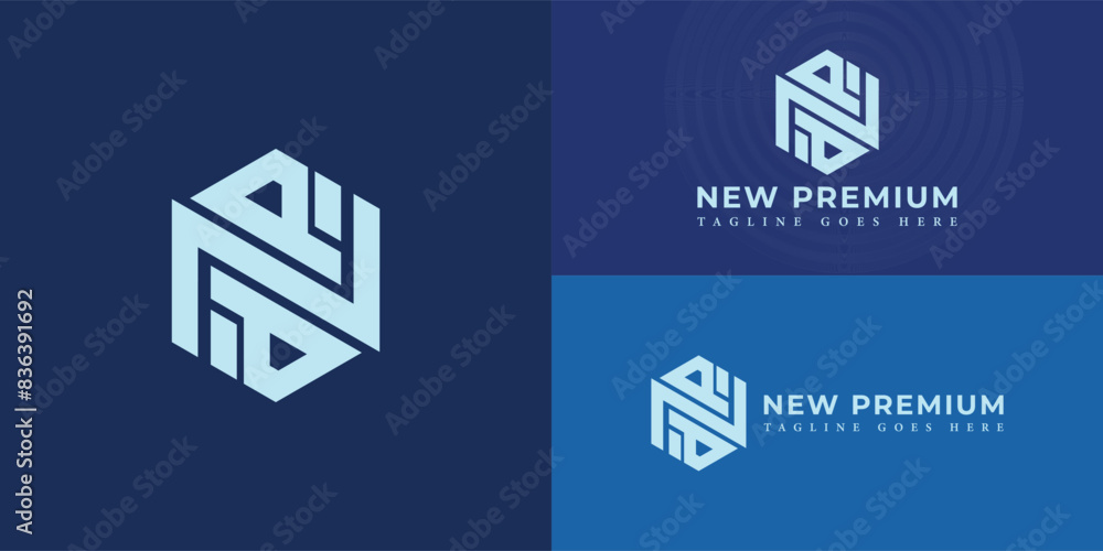 Poster abstract initial hexagon letters np or pn logo in soft blue color isolated on multiple background co