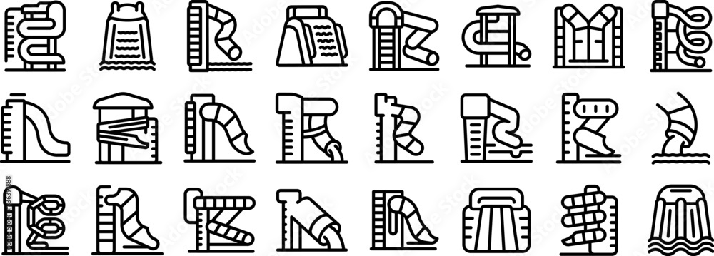 Poster water slide icons outline set vector. a series of black and white images of slides and other water p