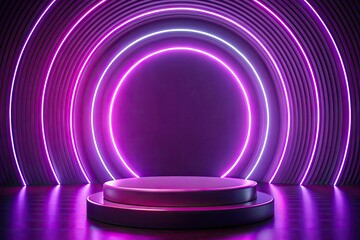 Purple neon circular stage with arching lights.