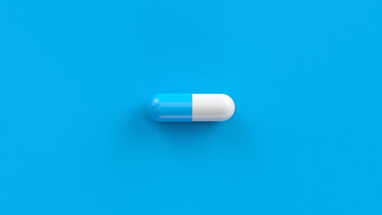 White blue single pill isolated on a blue background. Tablet, pill capsule top view, flat lay. 3d render illustration 
