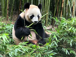 Obraz premium A giant panda munching on bamboo, surrounded by lush green bamboo forest