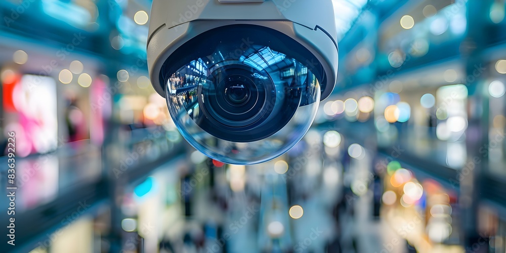 Poster selfoperating security cameras monitor activity in a shopping mall autonomously. concept ai-powered 