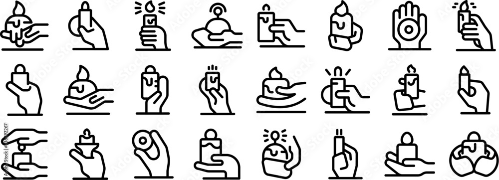 Wall mural hand holding candle icons outline set vector. a collection of black and white icons depicting variou - Wall murals