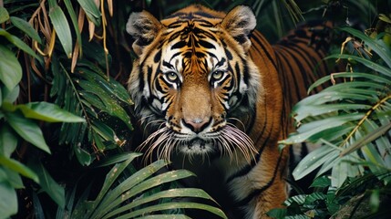 A powerful tiger prowling through the dense foliage, its eyes focused and intense