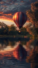 Hot air balloon above calm lake at sunset
