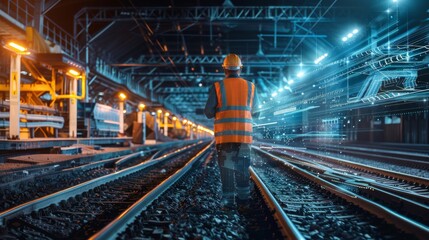 Futuristic image depicting a worker with a digital ghost effect at a railway station at night
