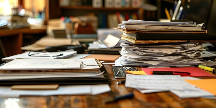 Busy desk with papers and gadgets highlighting challenges of staying organized. Concept Organizational challenges, Busy desk, Paper overload, Gadgets everywhere, Office chaos