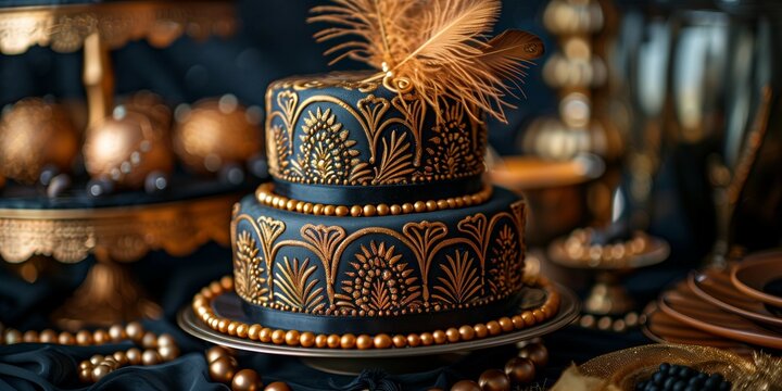 Gold Feathers and Jazz Vibes: 1920s Celebration Cake, generative ai