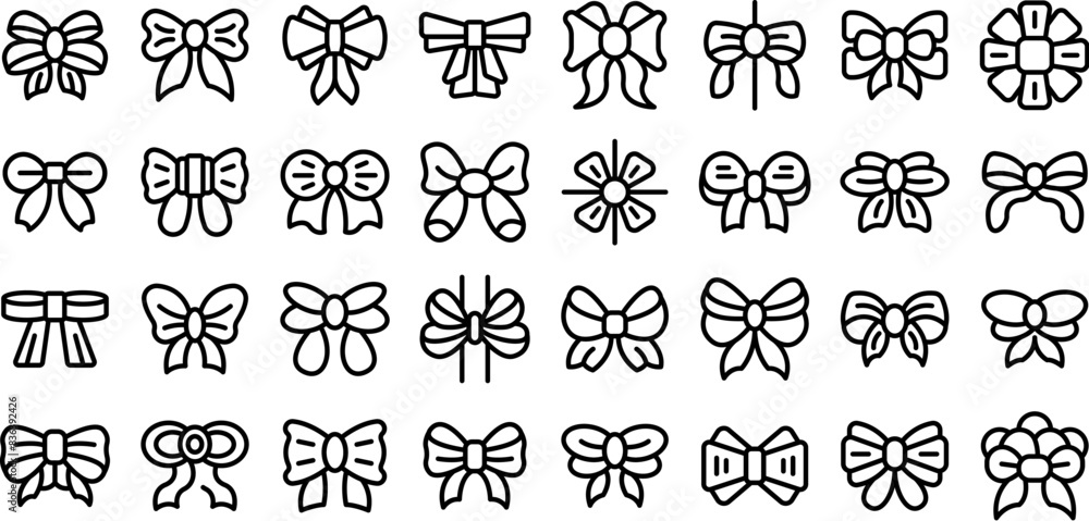 Poster bowknots icons outline set vector. a collection of bows in various sizes and shapes. the bows are al