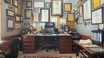 A retired teacher's office, filled with academic memorabilia and certifications, epitomizes a lifetime of dedication.