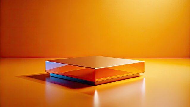 Shiny red square gift box on an orange surface.