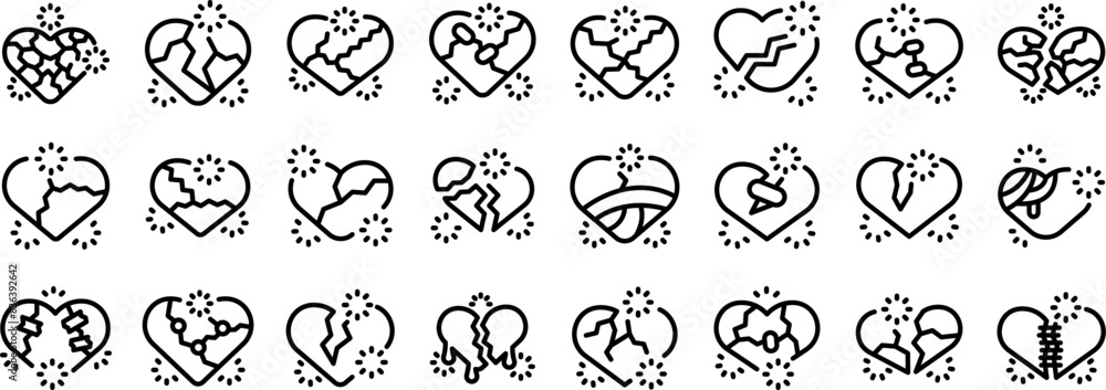 Poster cracked heart icons outline set vector. a series of hearts with some broken and some whole. the brok