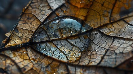 HD capture of raindrop magnified on intricate leaf skeleton, close-up.