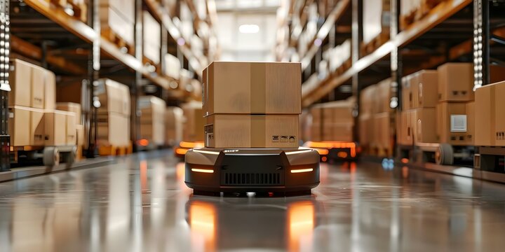 AGV robots in 3D automated warehouse efficiently deliver cardboard boxes in logistics center. Concept AGV robots, 3D automated warehouse, logistics center, efficient delivery, cardboard boxes
