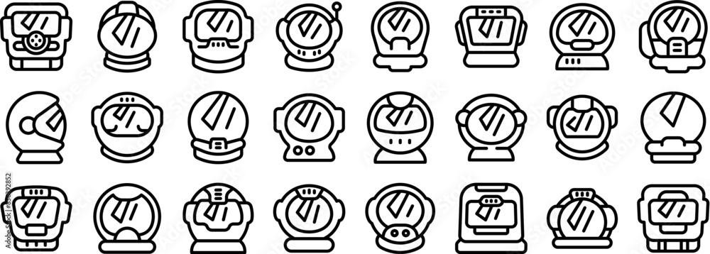 Poster cosmonaut helmet icons outline set vector. a collection of black and white images of astronauts. the