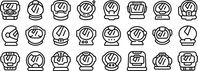Cosmonaut helmet icons outline set vector. A collection of black and white images of astronauts. The images are all different sizes and shapes, but they all have a similar theme of space exploration