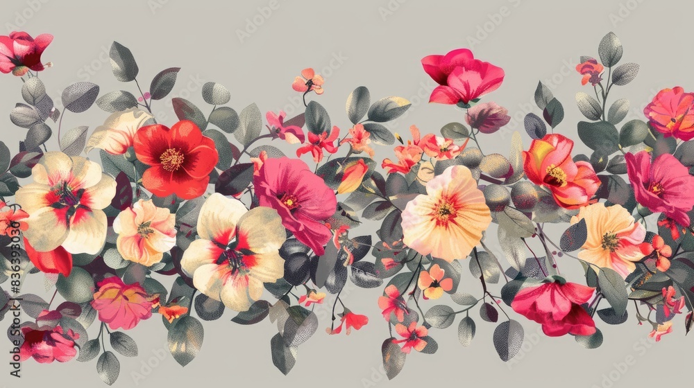 Aufkleber designing digital patterns of flowers arranged in a border and all over pattern