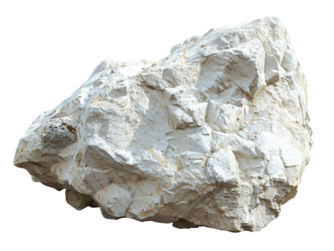 Close-up of a large, rough white rock isolated on a white background. Perfect for geology and natural resource concepts.