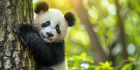 Obraz premium A baby panda is hugging a tree trunk. Concept of innocence and curiosity