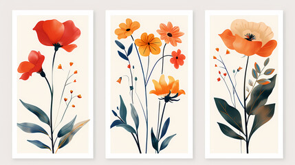 The botanical poster design set features different flowers that can be used for postcards, wall art, banners, and backgrounds. Let your imagination run wild with this modern naive groovy funky