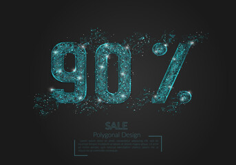 Abstract isolated blue 90 percent sale concept. Polygonal illustration looks like stars in the black night sky in space or flying glass shards. Digital design for website, web, internet.