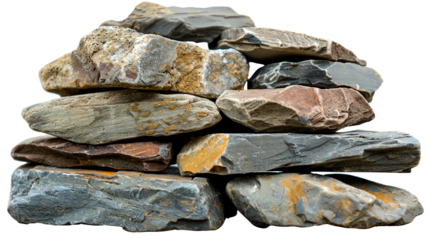 Close-up of a stack of natural, textured stones, showcasing various colors and patterns. Ideal for construction, decoration, or geological purposes.