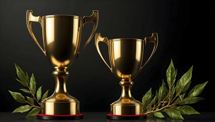 Realistic trophies of winner, golden goblet, medal and laurel branch, composition on black