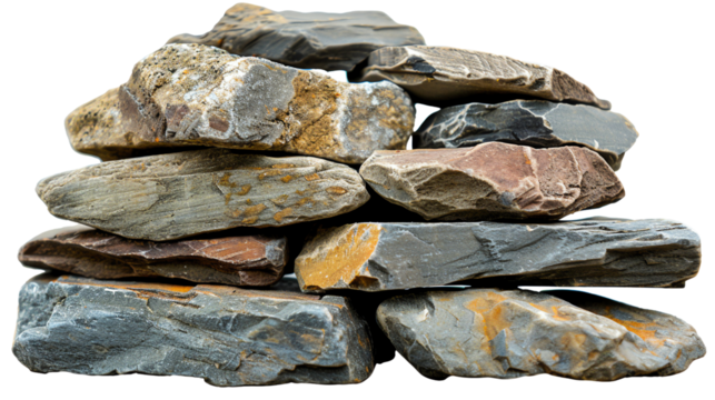Close-up of a stack of natural, textured stones, showcasing various colors and patterns. Ideal for construction, decoration, or geological purposes.
