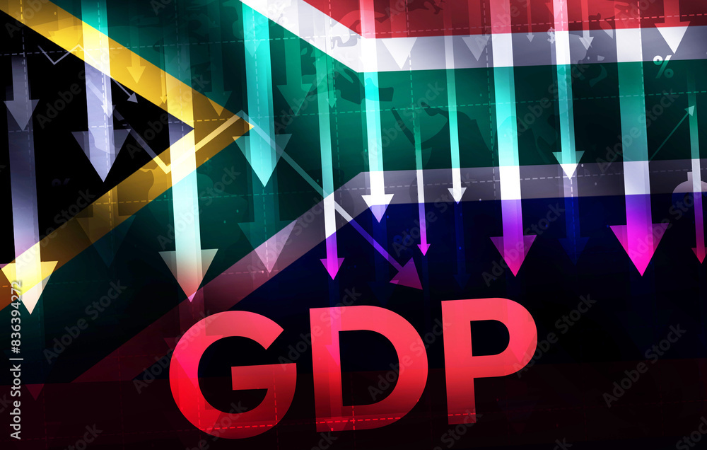 Poster south africa gdp graph and arrows showing decline with waving flag in the backdrop