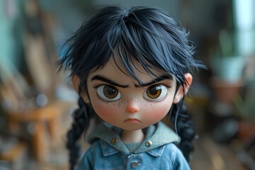 With furrowed brows, an animated portrayal of a young girl captures her fiery anger in vivid detail, rendered in a dynamic 3D cartoon style that brims with expressive energy and emotion