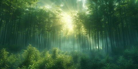 Obraz premium Misty Sunrise in Bamboo Forest, generative ai