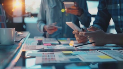 Close up ux developer and ui designer use augmented reality brainstorming about mobile app interface wireframe design on desk at modern office.Creative digital development agency 